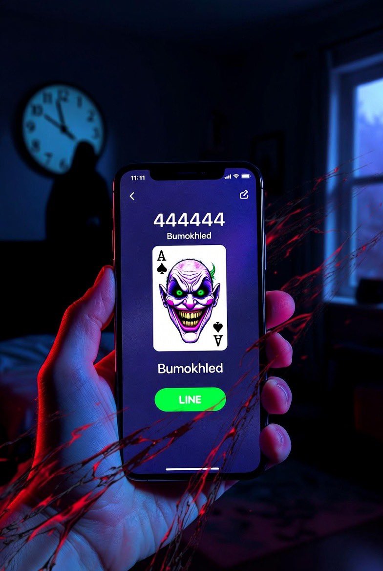 takwtic1's tweet image. ファッハッハッハ！！

LINEでID「444444」を検索すると、  
ジョーカーみたいなアイコンの「Bumokhled」というアカウントが出てくる。

友達追加した人は謎の死を遂げるという噂…  
願い事を叶えてもらった代償に命を売るらしい。

追加してみる勇気ある？  

#都市伝説 #LINE
俺について来いっ！