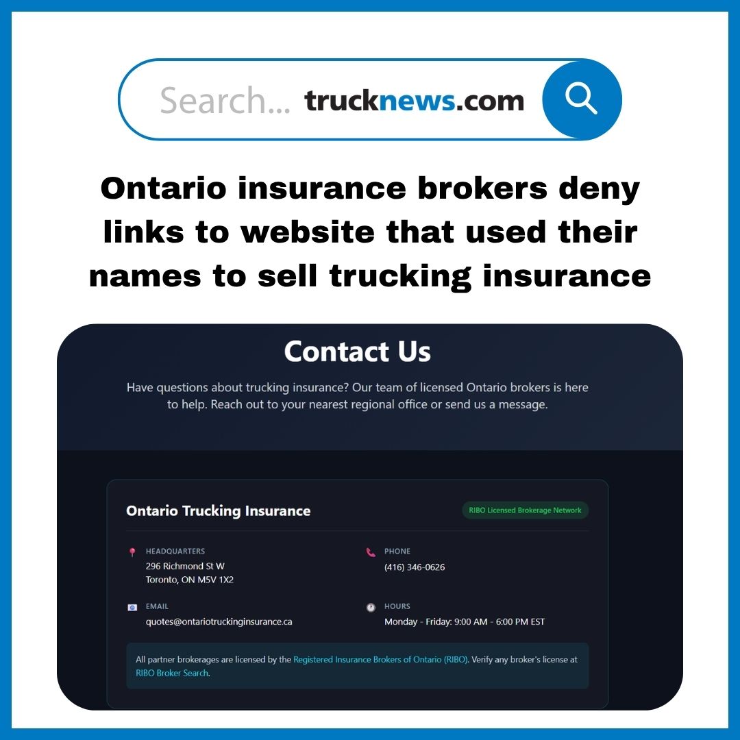 Todaystrucking's tweet image. An #Ontario-based company offering #trucking #insurance quotes is raising concerns after multiple licensed brokers said they have no affiliation with the operation, despite being listed on its website as part of its network
trucknews.com/security/ontar…