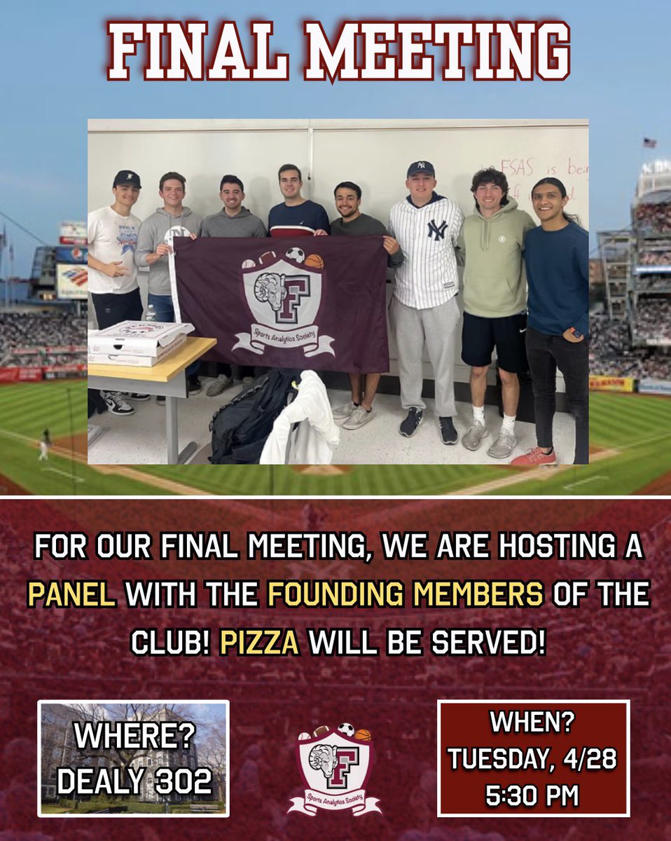 SportsFordham's tweet photo. Don’t want to miss our final meeting of the semester! Pizza will be served! https://t.co/kW1q10HzV6