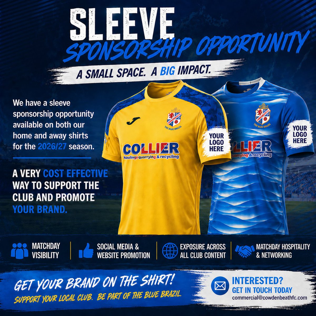 CowdenbeathFC's tweet photo. 𝐒𝐡𝐢𝐫𝐭 𝐒𝐥𝐞𝐞𝐯𝐞 𝐒𝐩𝐨𝐧𝐬𝐨𝐫𝐬𝐡𝐢𝐩 𝐎𝐩𝐩𝐨𝐫𝐭𝐮𝐧𝐢𝐭𝐲

Looking to get your brand on the pitch without breaking the bank?

We’ve got a sleeve sponsorship opportunity available for the upcoming season.

It’s a cost effective way to support Cowdenbeath FC while putting your business in front of a loyal and engaged audience week in, week out.

✔ Matchday visibility
✔ Social media and website promotion
✔ Added exposure through club content

Full details at https://t.co/CRAw0oHMs8

Email commercial@cowdenbeathfc.com to have a chat or tag a business you think would be interested.

For everything Cowden visit https://t.co/QTqJJkrQNp

#DontSleeveItTooLate
#BackTheBlueBrazil
#WeeLogoBigStage
#SupportLocal
#SupportTheBlueBrazil