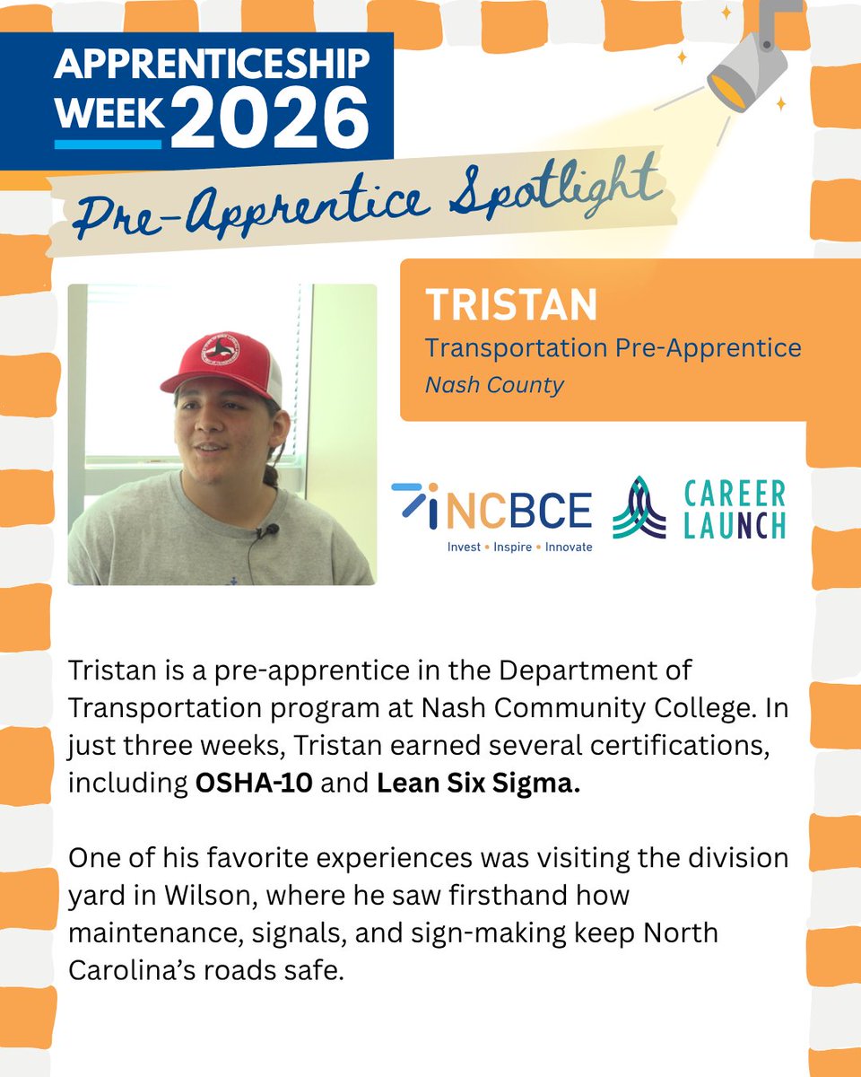 NCBCE's tweet photo. Today is Day 2 of Apprenticeship week and we are highlighting Tristan, a transportation Pre-apprentice. 

Follow Along this Apprenticeship Week as we highlight students and employers across the state. 

#NAW2026 https://t.co/44PL7QNUxM