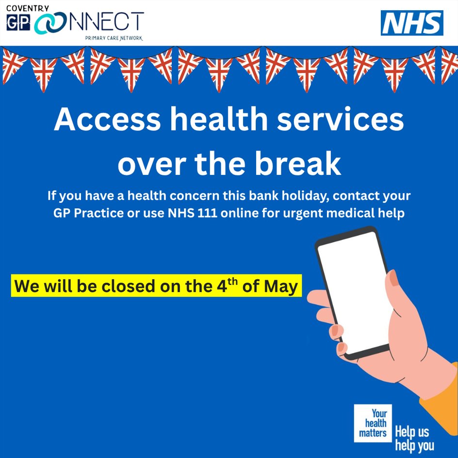 GPConnectPCN's tweet photo. Need medical advice but your surgery is closed during the bank holiday? ☀️Call NHS 111 or visit https://t.co/k5jSWSvy65 – They are available 24/7! It could even save you a trip to A&amp;E!🏥
Call, go online or use the NHS App!📱
#NHS111 #Health #Coventry #NHS #bankholidaymonday https://t.co/ZS6v3BxwFB