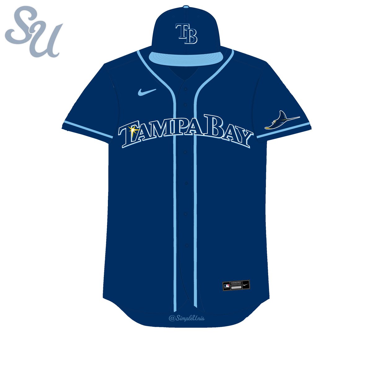simpleunis's tweet image. With the Rays primary road jersey now being the navy jersey, a concept with "Tampa Bay" is a must. The hat is just an option for a road hat, does not have to be worn. 

#TampaBayRays #Rays #MLB #Uniforms #Simplicity