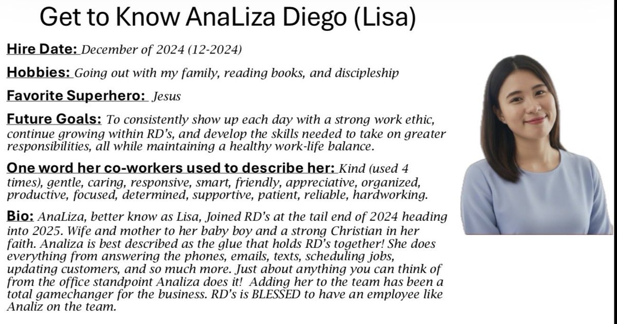 RDTotalLawn's tweet image. Employee SPOTLIGHT alert!😀

It’s time for another “get to know our crew”. It’s our secret ingredient for success and it’s no secret it’s…THE PEOPLE! Let’s introduce, AnaLiza Diego😁

ANALIZA DIEGO

rdtotallawn.com/our-team/

#smallbusinessbigdreams #LawnCare #EmployeeSpotlight