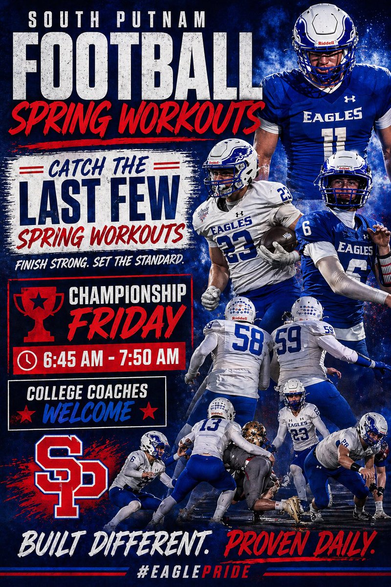 COACH_JCTHOMAS's tweet photo. Final stretch. No excuses. 💪🏽🏈

Catch the last few South Putnam Football spring workouts.
Championship Friday is where it’s earned. https://t.co/6t9NEUjmkO