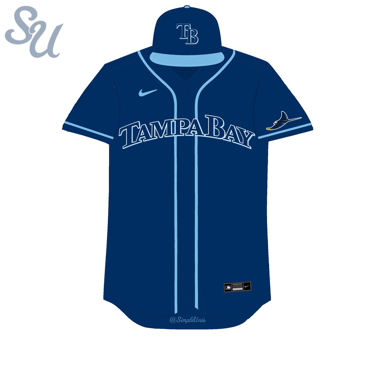 simpleunis's tweet image. With the Rays primary road jersey now being the navy jersey, a concept with "Tampa Bay" is a must. The hat is just an option for a road hat, does not have to be worn. 

#TampaBayRays #Rays #MLB #Uniforms #Simplicity