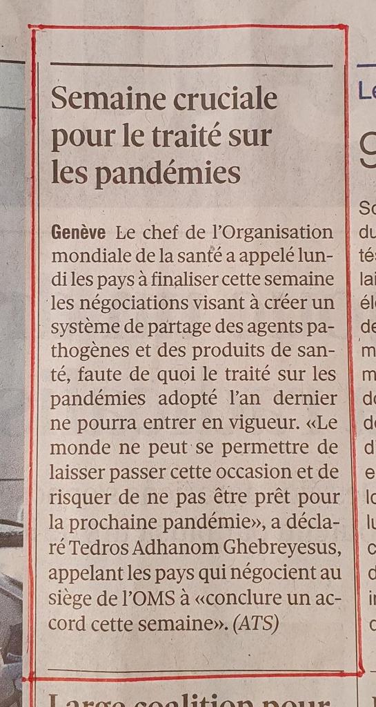 FrammeryChloe's tweet image. TRAITÉ PANDÉMIE :
Tedros, le directeur de l'OMS à Genève, appelle les pays à finaliser leurs négociations pour les annexes sur le partage des agents pathogènes (PABS), sinon pas d'entrée en vigueur du Traité mondial totalitaire.