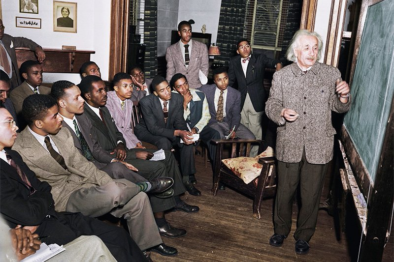 Saganismm's tweet photo. In April 1946, just months after the end of World War II, Albert Einstein visited Lincoln University in Pennsylvania, a historically Black university founded during a period when racial segregation and exclusion severely limited educational opportunities for Black students in the United States.

During the visit, Einstein received an honorary Doctor of Laws degree and delivered remarks reflecting his longstanding opposition to racism and segregation. He spoke against racial separation in the United States, arguing that it reflected the attitudes of those who upheld it rather than those who were subjected to it.

As a refugee who had fled Nazi Germany in 1933, Einstein was acutely aware of the dangers of institutionalized prejudice. In the United States, he publicly supported civil rights causes, corresponded with figures such as W.E.B. Du Bois, and spoke out against racial discrimination. The visit was covered unevenly in contemporary media, but it was noted and positively received within the Lincoln University community.

📷 Einstein at Lincoln University (colorized)