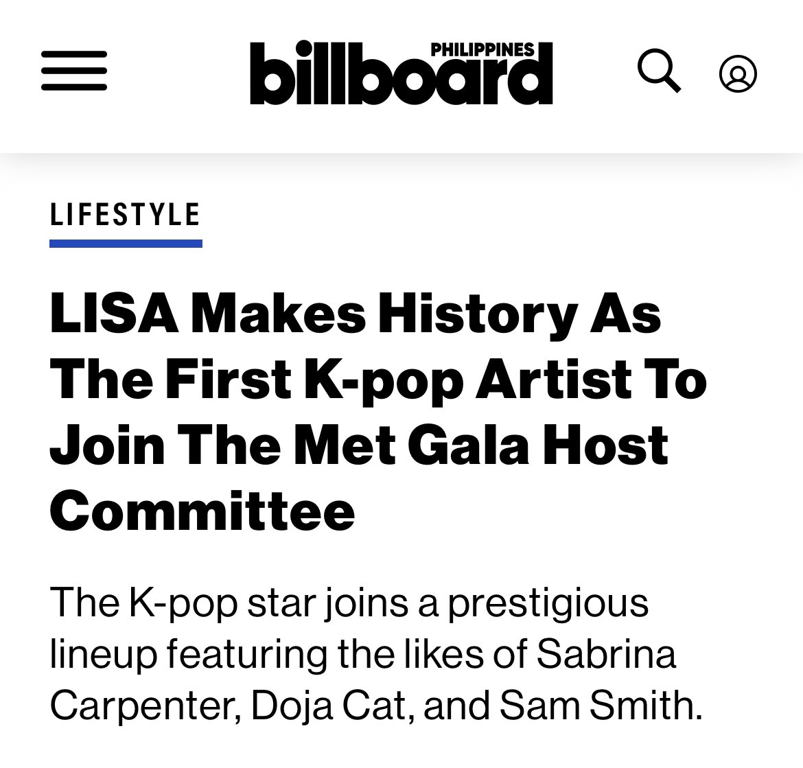 thisbbyslay's tweet image. Billboard Philippines — #LISA makes history as the FIRST K-Pop Artist to join the #MetGala Host Committee 

• The BLACKPINK star has started the year already making history. In January, she became the first K-pop artist to present at the Golden Globe Awards — one of the world’s