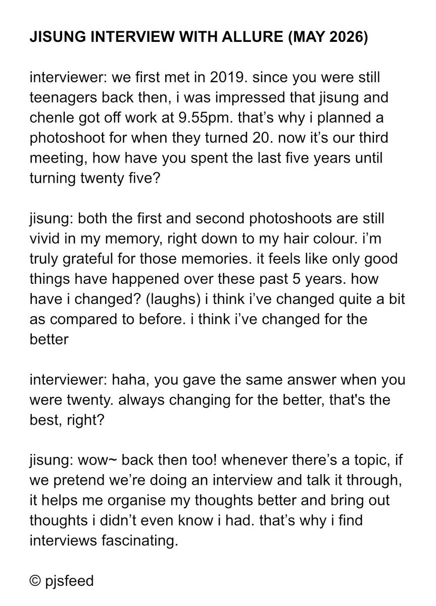 260428 # Entrevista a Jisung con Allure (traducción)

🔗 allurekorea.com/2026/04/28/qui…

💬 ¿Cómo has pasado los últimos cinco años hasta cumplir veinticinco?

🐹 Creo que he cambiado bastante en comparación con antes. Creo que he cambiado para mejor.