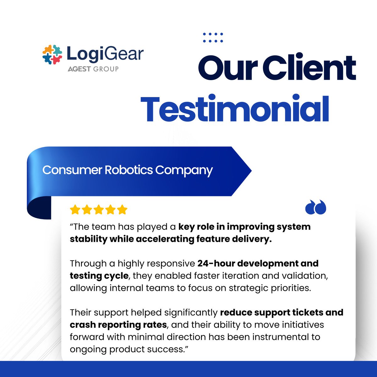 logigear's tweet photo. 🌟 Client Testimonial 🌟

Improved system stability while accelerating feature delivery through a responsive 24-hour development and testing cycle.

#ClientTestimonial #ConsumerRobotics #ProductStability #ReleaseVelocity #QualityEngineering #SoftwareTesting https://t.co/ox8Qvhs17l