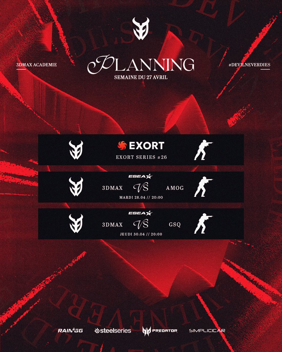 3DMAXGaming's tweet photo. 📅 PLANNING ACADÉMIE 📅

Nos jeunes démons ne s'arrêtent jamais 👆
🔸 Le retour de l'Exort Series S26 
🔸 2 matchs ESEA Intermediate 

On va se régaler !! 
#DevilNeverDies 👹 https://t.co/QtBxKS2r27
