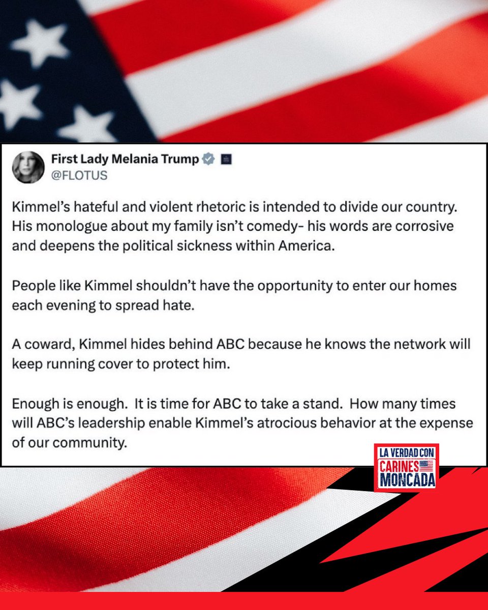 🇺🇸🗣️ | ¡Qué descaro el de Jimmy Kimmel! Ahora pretende hacernos creer que su comentario venenoso sobre Melania Trump fue solo un “chiste ligero”. Todo el mundo vio el tono, el contexto y la intención detrás: no era humor inocente, sino un ataque personal camuflado de comedia.
