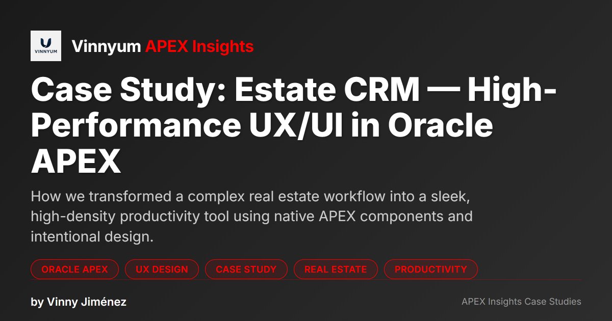 VinnyumTech's tweet image. Want the full breakdown?

Check out the deep dive Case Study on APEX Insights:
👉 buff.ly/Agtbq5R

🚀 Join the Estate CRM Early Access Waitlist: buff.ly/NAiuQdd

Which pattern is your favorite? 💬

#orclapex #UX #UI #LowCode #EnterpriseUX #WebDev