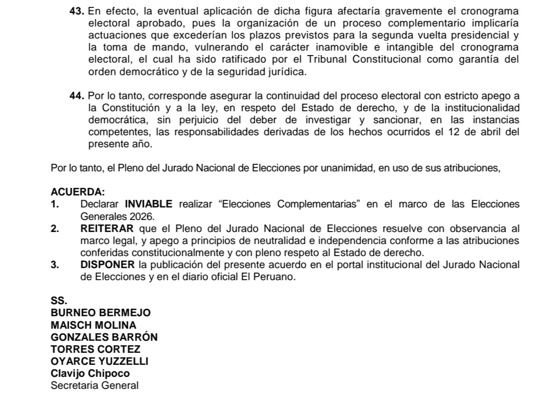 Epicentro_TV's tweet photo. 🔴 El pleno del Jurado Nacional de Elecciones (@JNE_Peru) oficializa su decisión unánime de declarar "inviable" la realización de "elecciones complementarias" que comunicó cuatro días atrás, debido a que dicha figura afectaría gravemente el cronograma electoral aprobado. https://t.co/JTENbRFKil