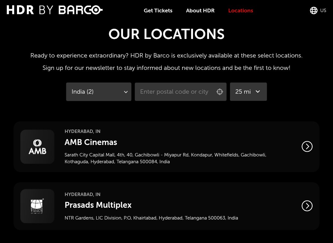 CINE_Theatre's tweet image. Both screens are officially listed as HDR by Barco Cinema locations in India.

#Hyderabad
Prasads Screen 4 (Flat)
AMB Screen 1 (Scope)

Since, Asia’s first installation was at Sri Melody Theatre in Vizag, but it is not listed because management did not make agreement with Barco.