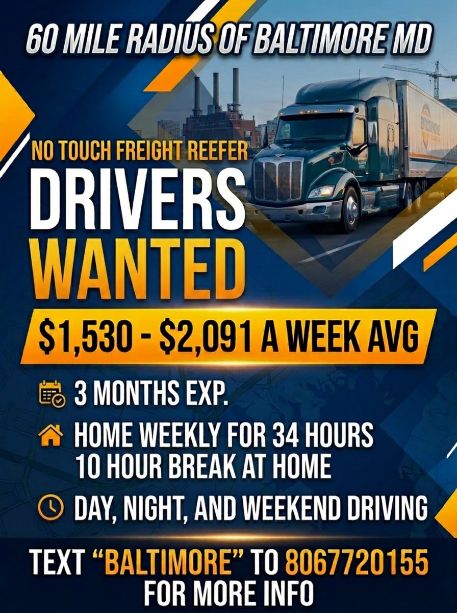 Rebeccarecruite's tweet image. Drive near Baltimore with flexible schedules and competitive pay ($1,530-$2,091 weekly). Text BALTIMORE to apply today! #TruckJobs #Baltimore #DriveLocal