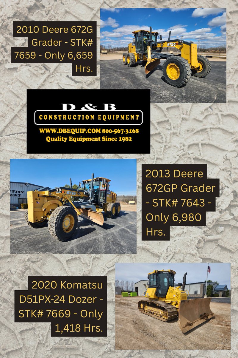 DbConstEquip's tweet image. Inventory Highlight for the week of April 27th, 
2010 Deere 672G Grader w/only 6,659 Hrs. 
2013 Deere 672GP Grader w/only 6,980 Hrs. 
2020 Komatsu D51PX-24 Dozer w/only 1,418 Hrs.
dbequip.com/inventory.htm
#heavyequipment #forsale #dbequip #earthmover #deeregrader #komatsudozer
