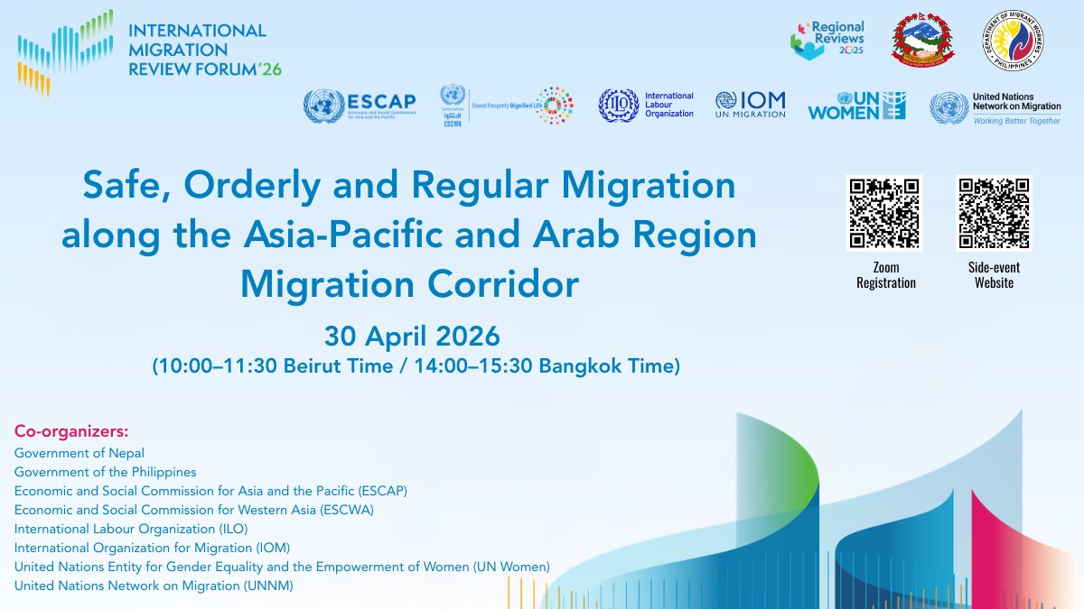 IOMAsiaPacific's tweet photo. Join this #IMRF2026 virtual side event on strengthening labour migration governance and cross-regional cooperation along the Asia–Pacific and Arab corridor.​

🗓️ 30 April | 14:00–15:30 ICT​
 🔗 Register: https://t.co/5SOHk9XbKg https://t.co/YIY7VQQnV0