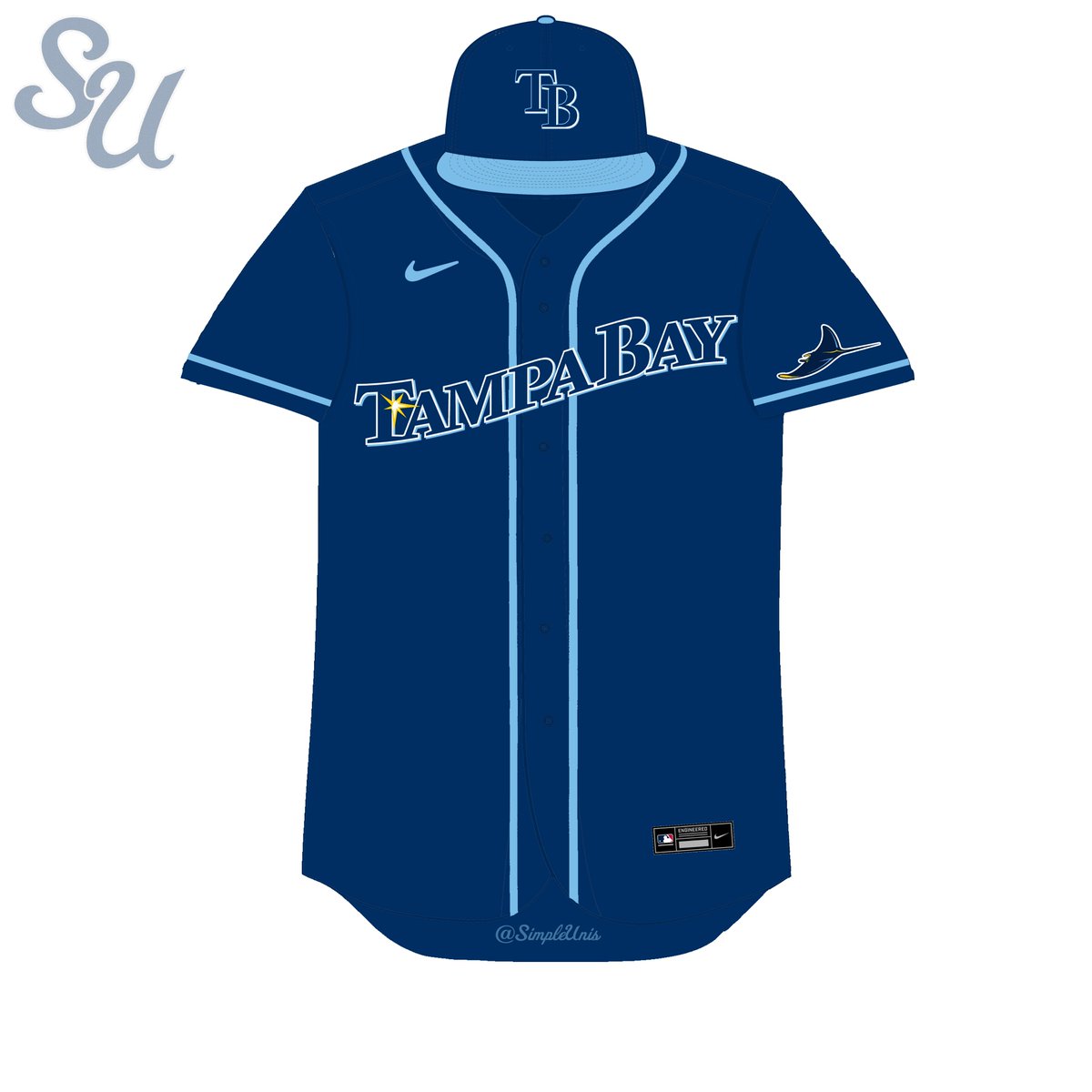 simpleunis's tweet image. With the Rays primary road jersey now being the navy jersey, a concept with "Tampa Bay" is a must. The hat is just an option for a road hat, does not have to be worn. 

#TampaBayRays #Rays #MLB #Uniforms #Simplicity