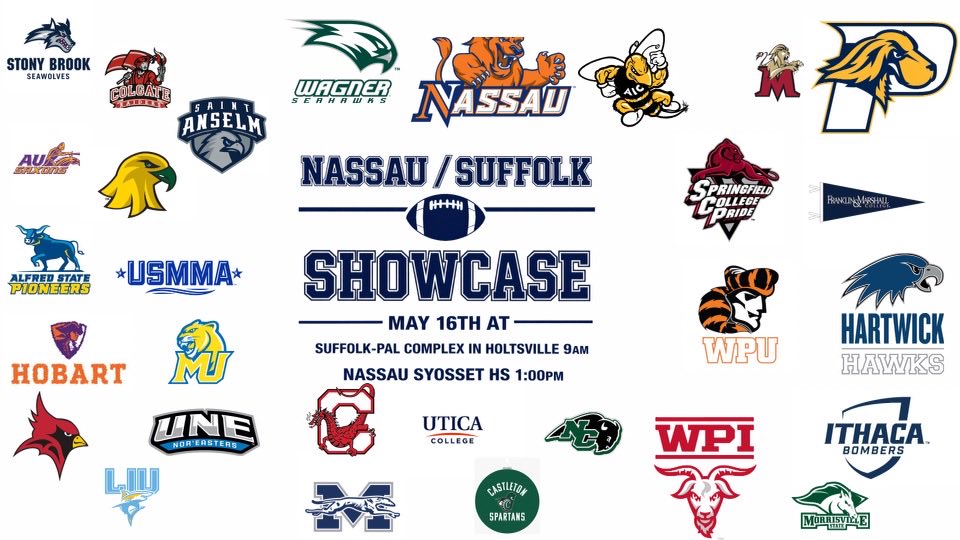 LIBLITZ's tweet photo. Updated colleges committed to attending the Nassau and Suffolk HS Football Showcase’s on LI May 16 
It should be noted that we just got a commitment from Wilkes and WNE https://t.co/cWNWky89Wh