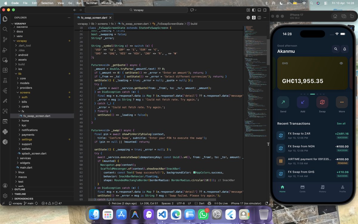 _PetrJoe_'s tweet image. Building something I actually use hits different 💡
FX swap flow coming together, clean, smooth, real-time.
Still tweaking 😄
Feels real now.

#buildinpublic #flutterdev #fintech @OPay_NG  @OPayNigeria @RaenestApp