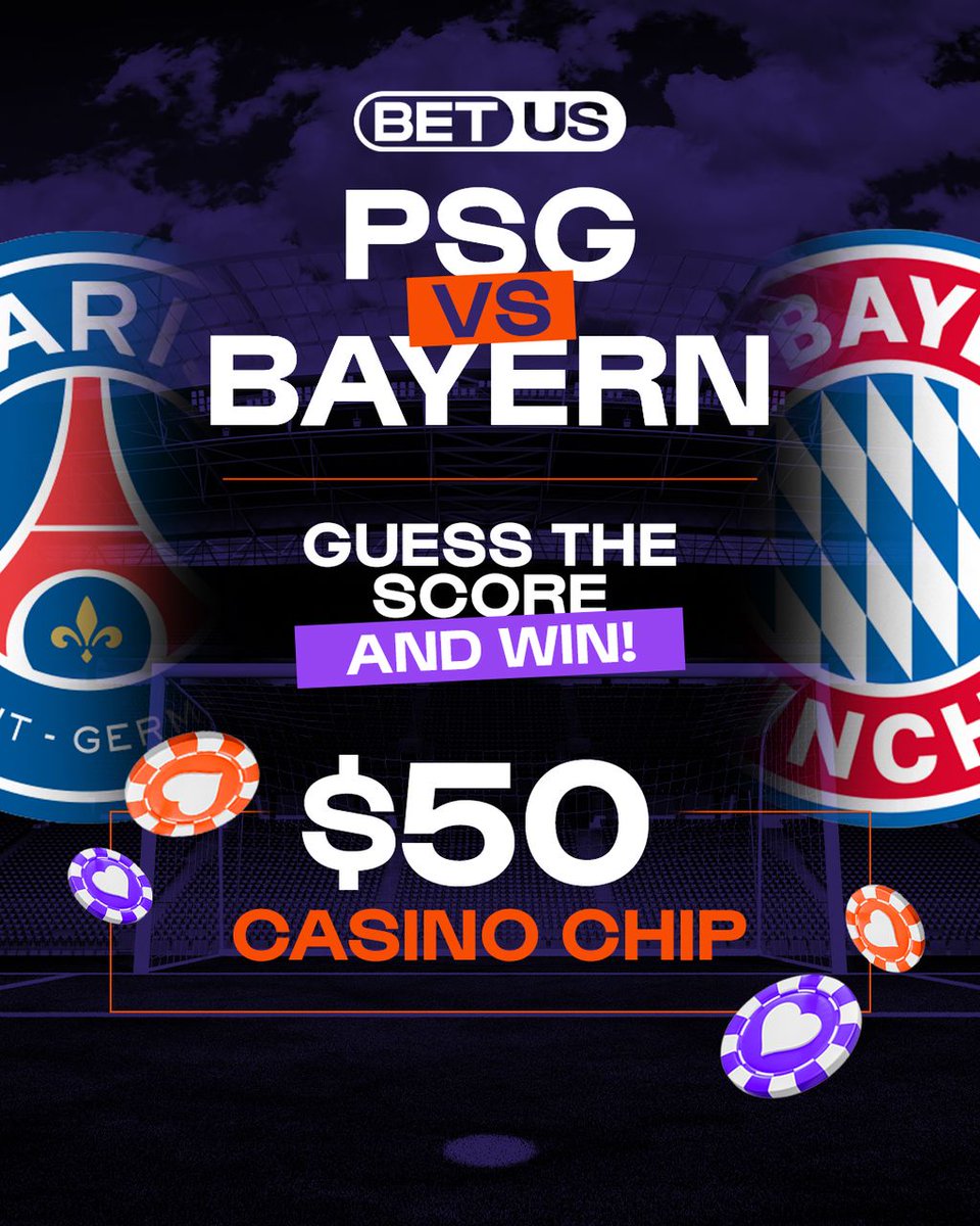 BetUS_Casino's tweet photo. 🚨 GUESS THE SCORE &amp; WIN 🚨 Champions League SEMIFINALS

⚽ PSG vs Bayern Munich

💰 Prize: $50 Casino Chip
➡️ To enter: Follow @BetUS_Casino &amp; RT

 Drop your score prediction below.

🏆 Winners announced after full time! https://t.co/f526wsnK1Y
