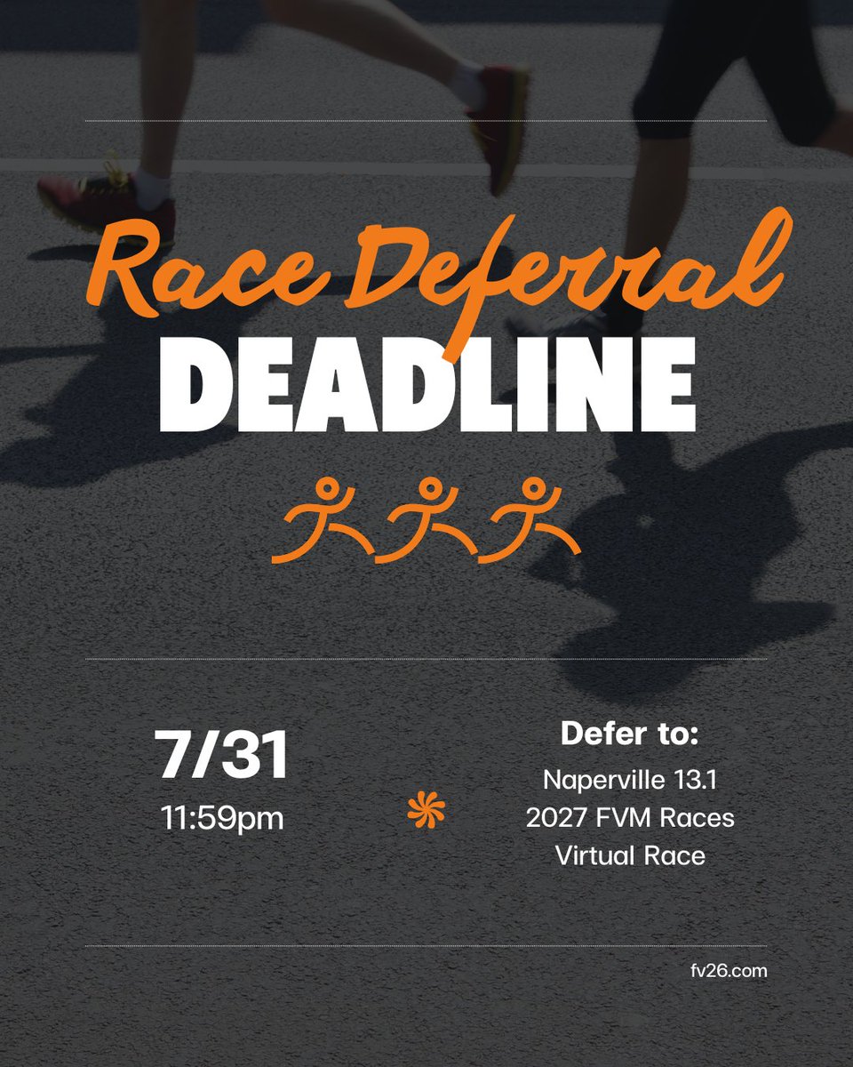 FVMarathon's tweet image. Race Deferral Deadlines are approaching!

Please see our website for more detailed information!

#racedeferral #runners #fvm #foxvalley #naperville