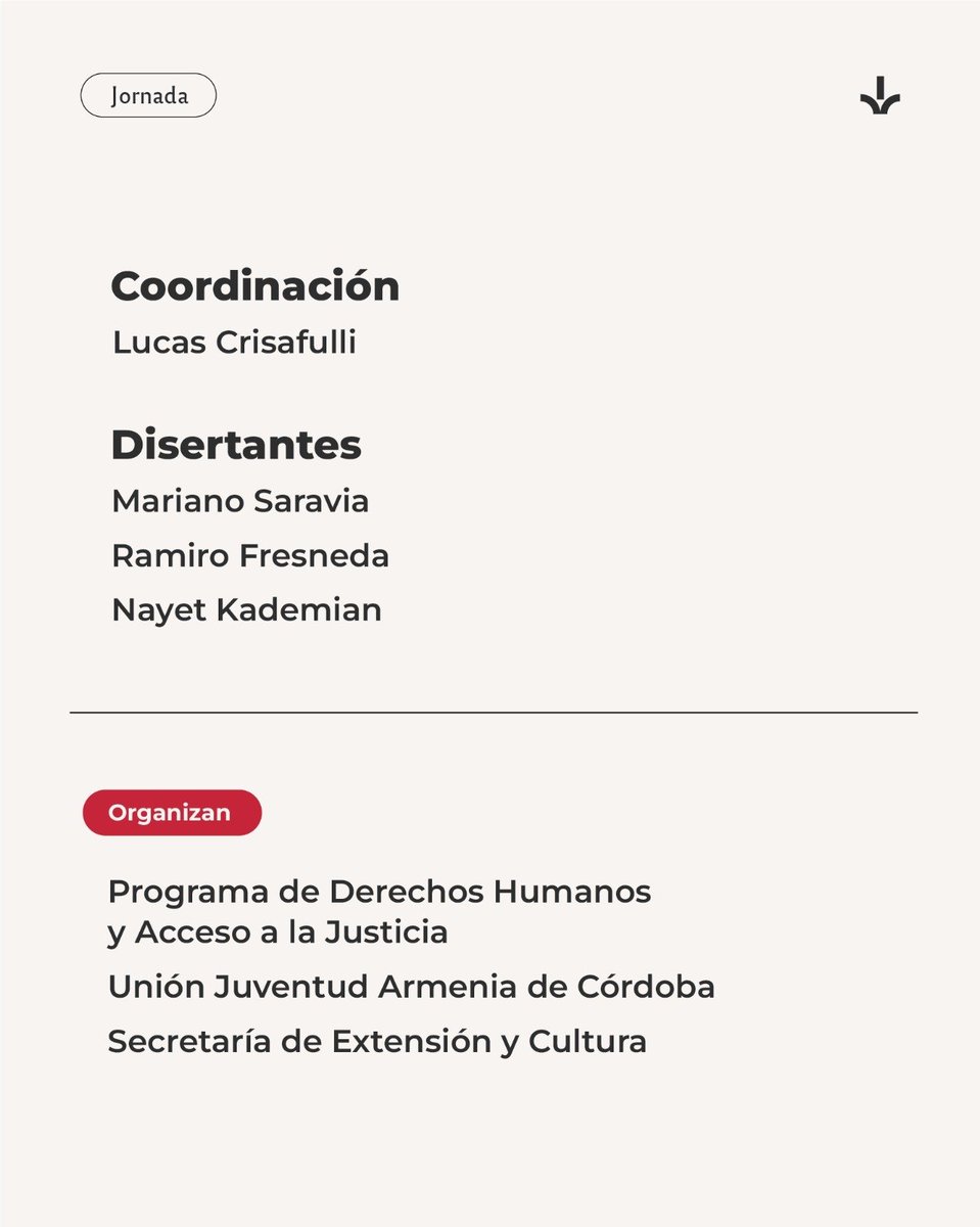 Hoy tendré el honor de compartir con Ramiro Fresneda <a href="/ramirofresneda/">Ramiro Fresneda</a>  y Nayet Kademian <a href="/nayetkademian/">Nayet Kademián</a>  esta actividad organizada por al Unión Juventud Armenia de Córdoba <a href="/ujasur/">Unión Juventud Armenia</a>  en conjunto con la Sec de Extensión y Cult de la Fac de Derecho de la UNC y el Col de Abogados de Cba