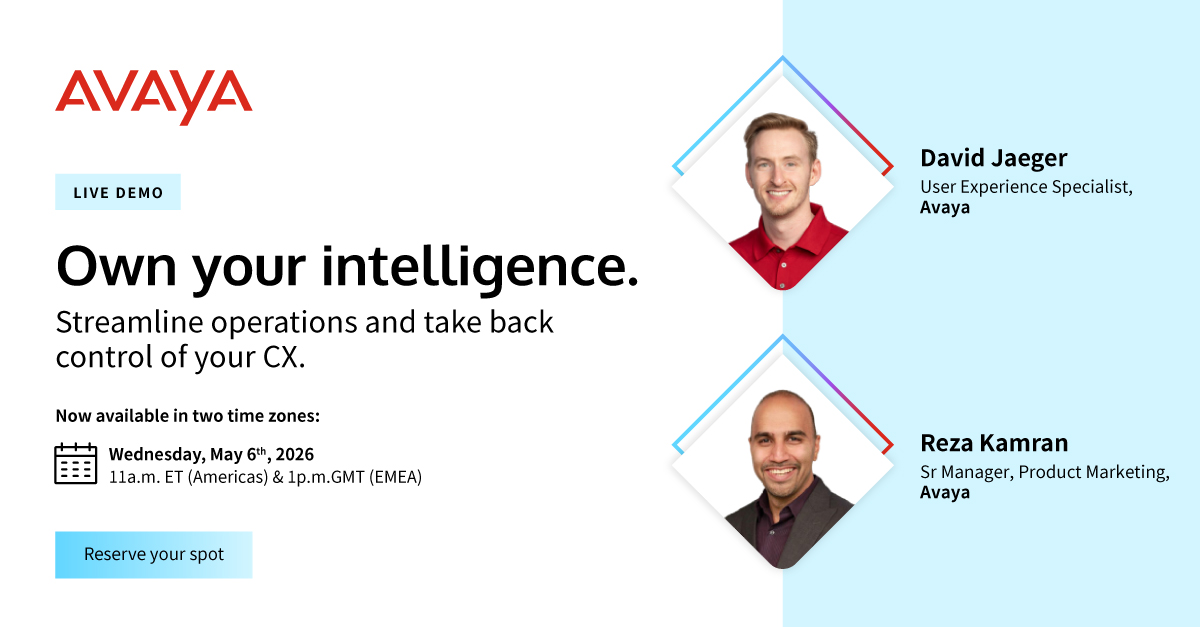 Avaya's tweet photo. Join our live demo on 5/6 to see how Avaya Infinity’s open orchestration allows you to bring your own LLMs, leverage your own secure data, and unify your customer journey.

Americas 11a.m ET session: https://t.co/yBuaokZFR7
INTL 1p.m. GMT session: https://t.co/jBG0QZjr6u https://t.co/EUO87Wix96