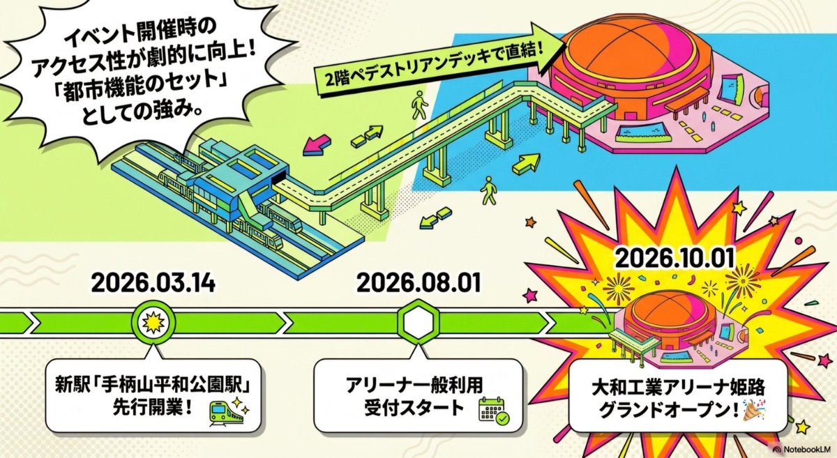 2026年10月1日の開業が近づいてきてる

手柄山にできる新しいアリーナ、愛称は「大和工業アリーナ姫路」に決まったらしい

5000席の客席もすごいけど、日本水泳連盟公認の50メートルプールも入る本格派や

姫路市民の日常利用はもちろん、全国大会も呼べるレベルの施設になるんが楽しみすぎるよな！