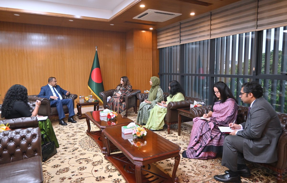 BDMOFA's tweet photo. The High Commissioner of Sri Lanka to Bangladesh, Mr. Dharmapala Weerakkody, paid a courtesy call on the State Minister for Foreign Affairs, Ms. Shama Obaed Islam, MP, at the Ministry of Foreign Affairs today.

During the meeting, the State Minister and the High Commissioner reviewed various aspects of the ongoing bilateral cooperation and issues of mutual interests. Both sides emphasized the need to strengthen and expand bilateral cooperation in areas such as trade, health, education, tourism, connectivity, culture, and sports to unlock the significant untapped potential between the two countries. The State Minister highlighted Bangladesh’s export strengths in sectors such as jute, pharmaceuticals, leather goods and information technology.

The State Minister emphasized that the Government of Bangladesh places high priority on fostering constructive relations with neighbouring countries. She reaffirmed Government of Bangladesh’s commitment to revitalizing SAARC for the benefit of the peoples of the region.