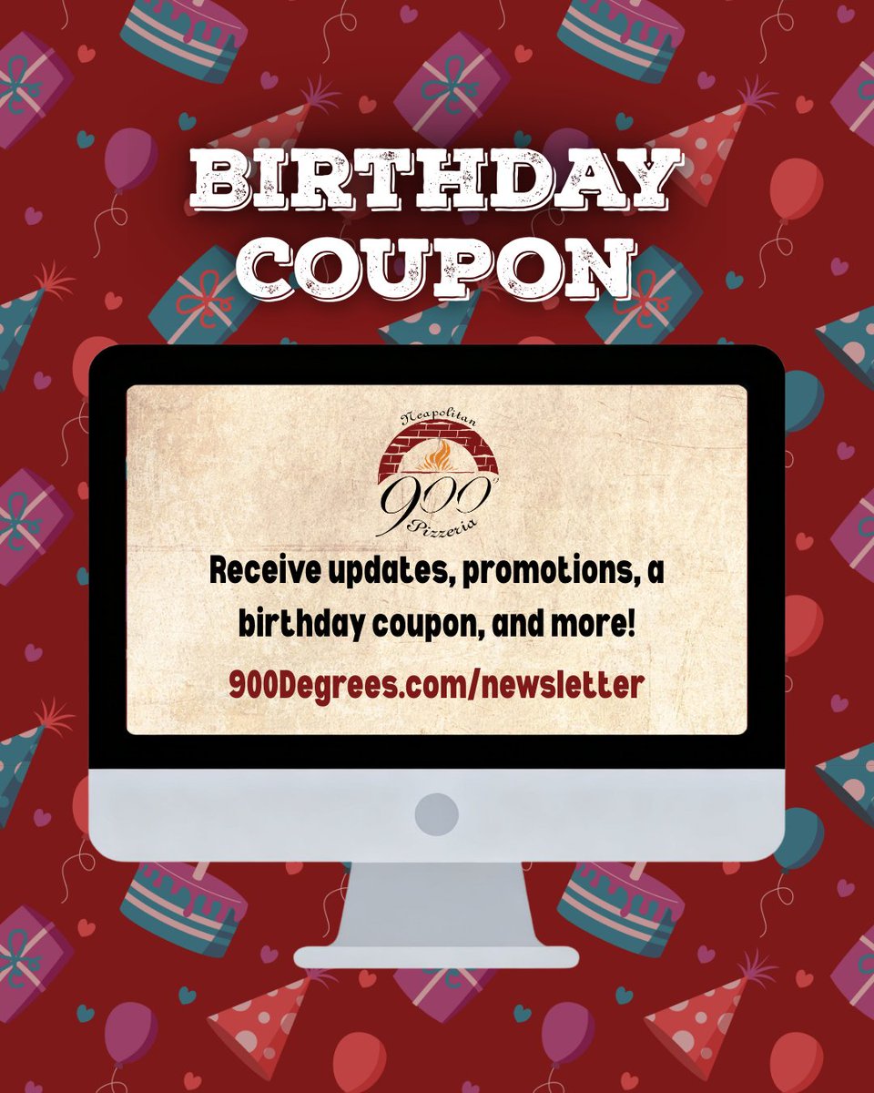 900Degrees's tweet photo. Sign-up for the 900 Degrees enews prior to your birthday month and receive a special coupon along with important updates and promotions! 🥳

Sign-up here: https://t.co/nNSdyj9bgm

Tag someone born in May in the comments! 🎂 https://t.co/wfzs8WyyGp