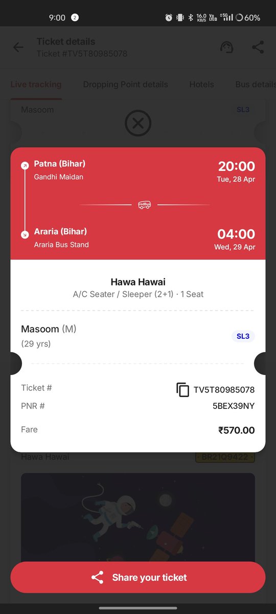 masoom041's tweet photo. @redBus_in I booked a ticket online from redbus app from Patna to Araria by Hawa Hawai bus but the bus booker refused to let me board as he had booked the ticket offline for the same seat and also misbehaved with me. Please take legal action against Hawa Hawai.. https://t.co/V5sPnBbS8K