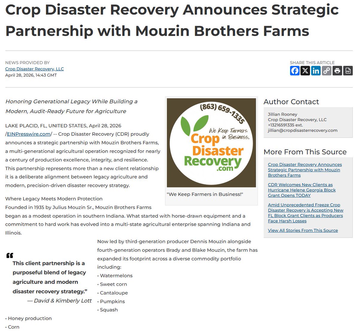 Crop_Disaster's tweet image. Crop Disaster Recovery Announces Strategic Partnership with @mouzinbrothers  
"This client partnership is a purposeful blend of legacy agriculture and modern disaster recovery strategy.”— David &amp;amp; Kimberly Lott
#Farmers #Agriculture #DisasterRelief #Bees #Honey #SweetCorn