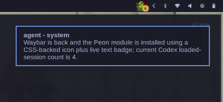 My laptop now has a warcraft peon on the top right corner

It talks to codex app-server through its RPC, and each agent can send notifications to me with sounds like "something need doing" and "job done" to get my attention

Now I can watch anime and still make progress