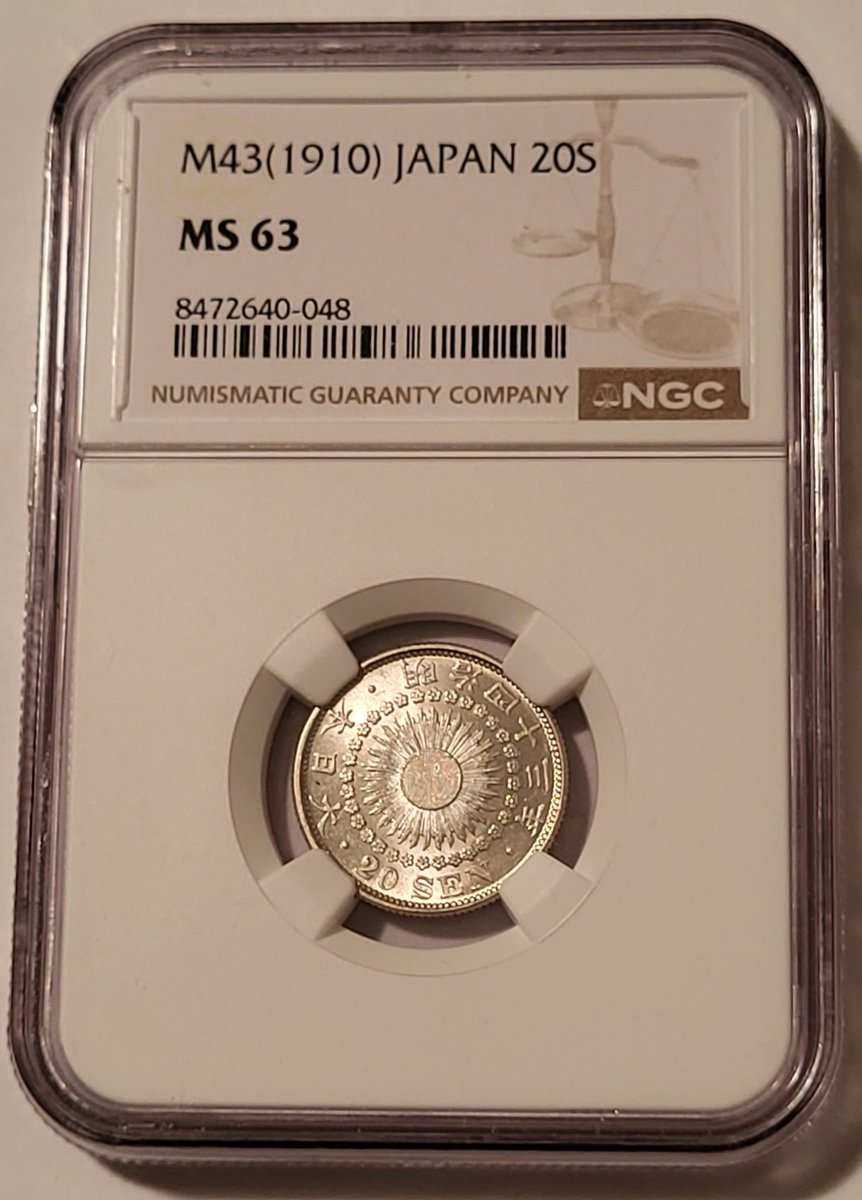 TNumismatics's tweet image. **Coin of the Day**
Japan Meiji Era 1910 Silver 20 Sen MS63 NGC

Always FREE Domestic Shipping! talosnumismatics.com

#coins #coincollecting #silvercoins #gradedcoins #japancoin #certifiedcoins #NGC #ngccoins #ngccoin