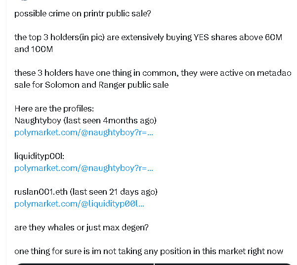 ZiForCrypto's tweet photo. An interesting outcome could emerge from the Printr public sale. At Polymarket, the whales believe the project can raise $100 million. It seems they know something, or they themselves will contribute to this. https://t.co/9GXODPQrLq