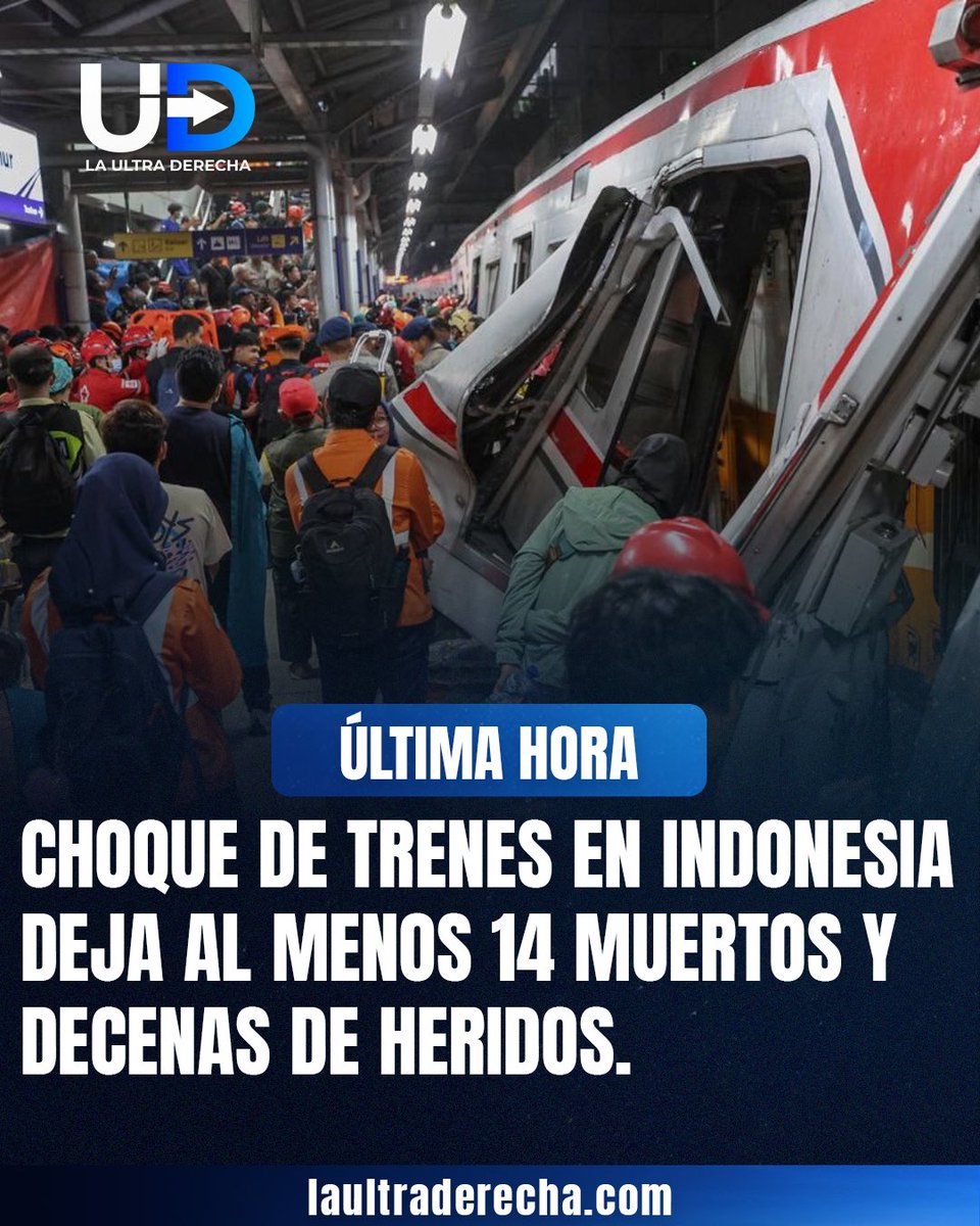 LUltraDerecha's tweet image. 🇮🇩|🚨#ÚLTIMAHORA Al menos 14 personas murieron tras el choque de dos trenes en #Indonesia, en un accidente que también dejó decenas de heridos y provocó escenas de caos en la zona.