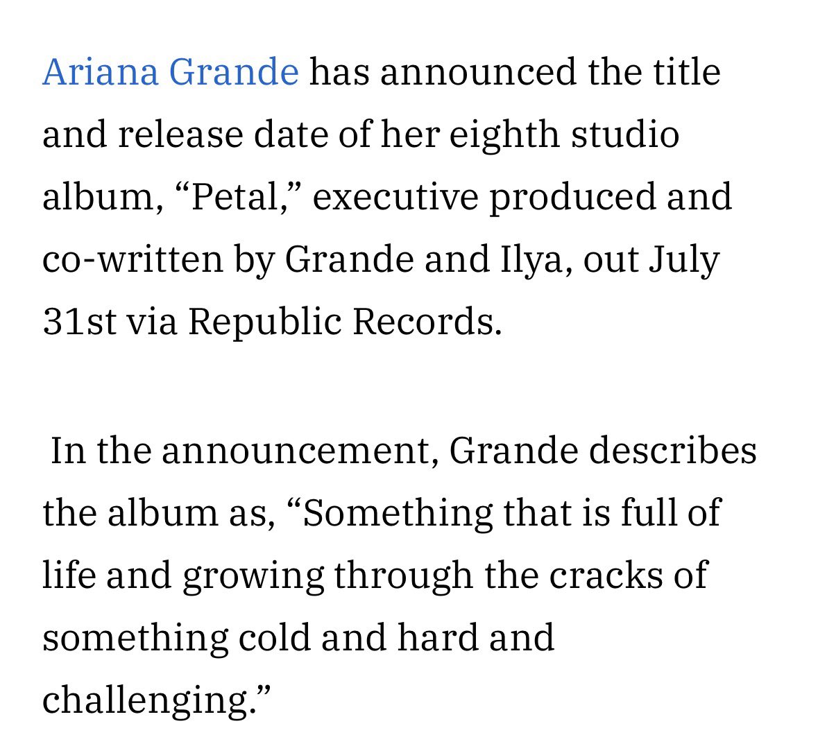 Aparentemente o “petal” foi escrito e produzido inteiramente apenas por Ariana Grande e Ilya Salmanzedeh.