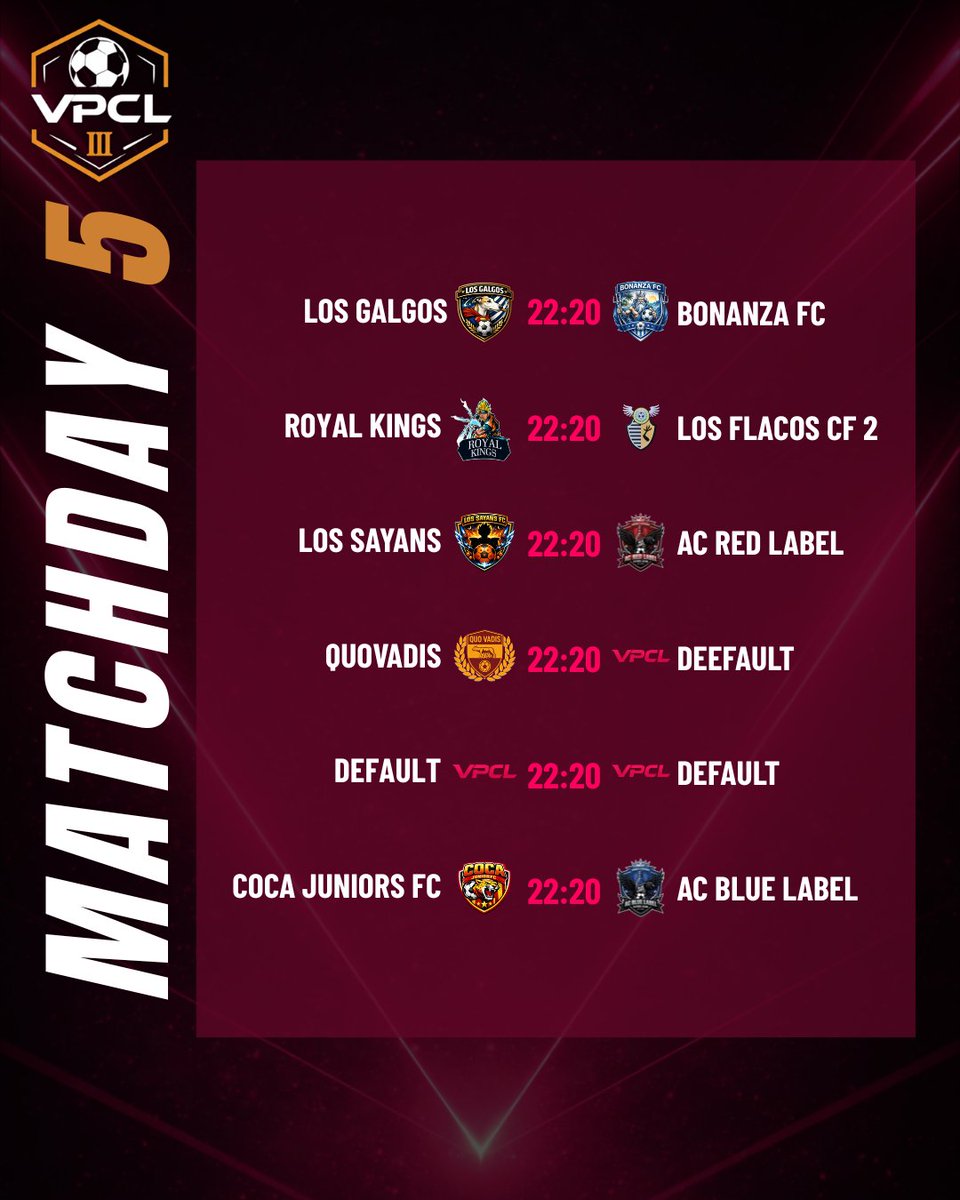 VPCL_Spain's tweet image. 🚨JORNADA 5 VPCL ONE

Estos son los partidos de la Jornada 5 de VPCL One a las 22:20. 

👇Deja tu predicción del partido más potente de la jornada.

#VPCL #ClubesPro #EAFC