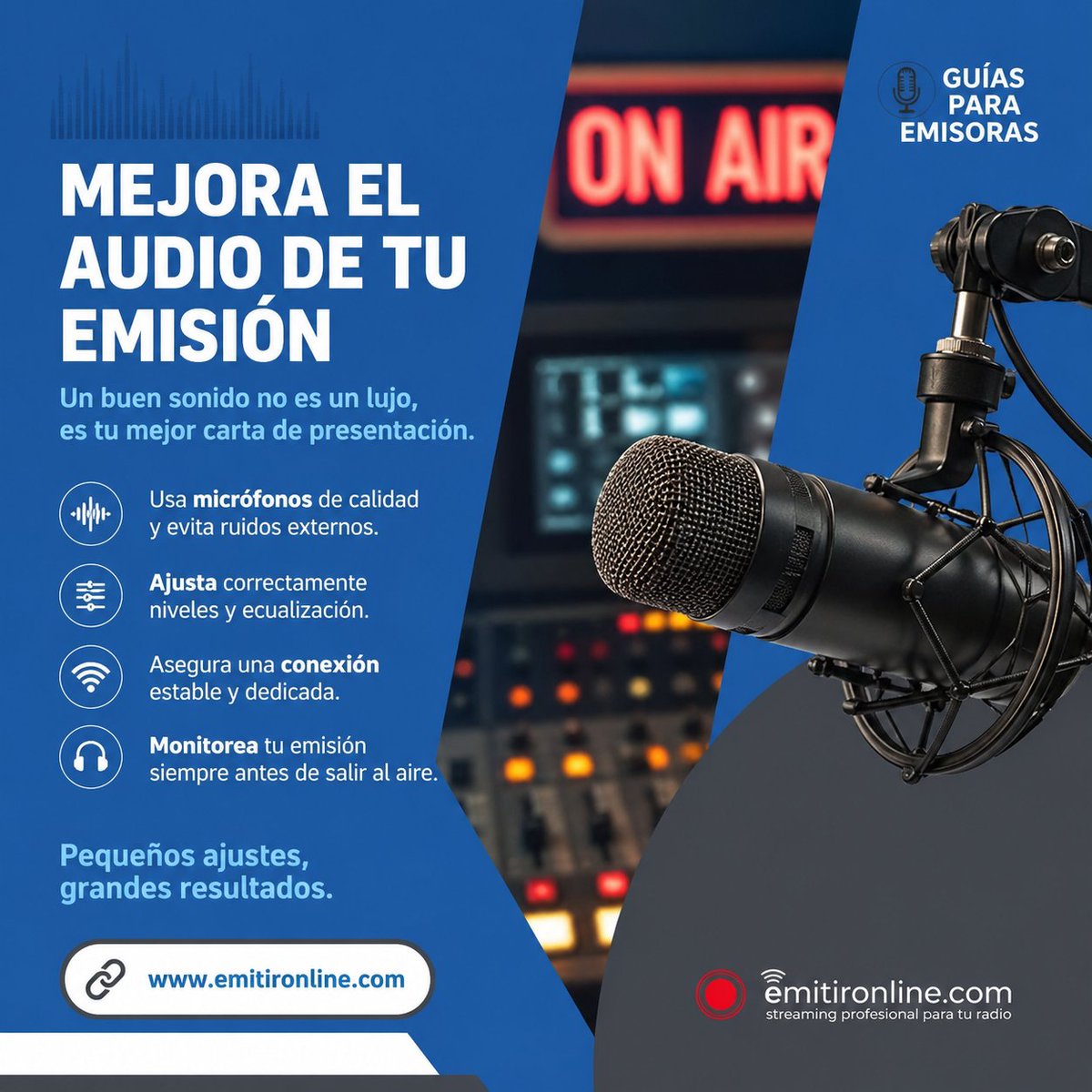 EmitirOnline's tweet image. En EmitirOnline sabemos que el audio lo es todo.
Un buen sonido no es un lujo, es tu carta de presentación. Te ayudamos a mejorar tu streaming: calidad, estabilidad y emisión profesional.

#RadioOnline #Streaming #EmitirOnline #AudioProfesional