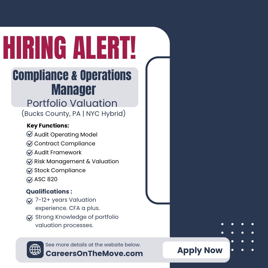 konian2's tweet image. #JobOpportunity  Compliance &amp;amp; Operations in Portfolio Valuation for a financial advisory leader.   Our client has a newly created position for managing compliance and operating framework functions.
#RegulatoryCompliance #RiskManagement #AlternativeInvestments #Audit
