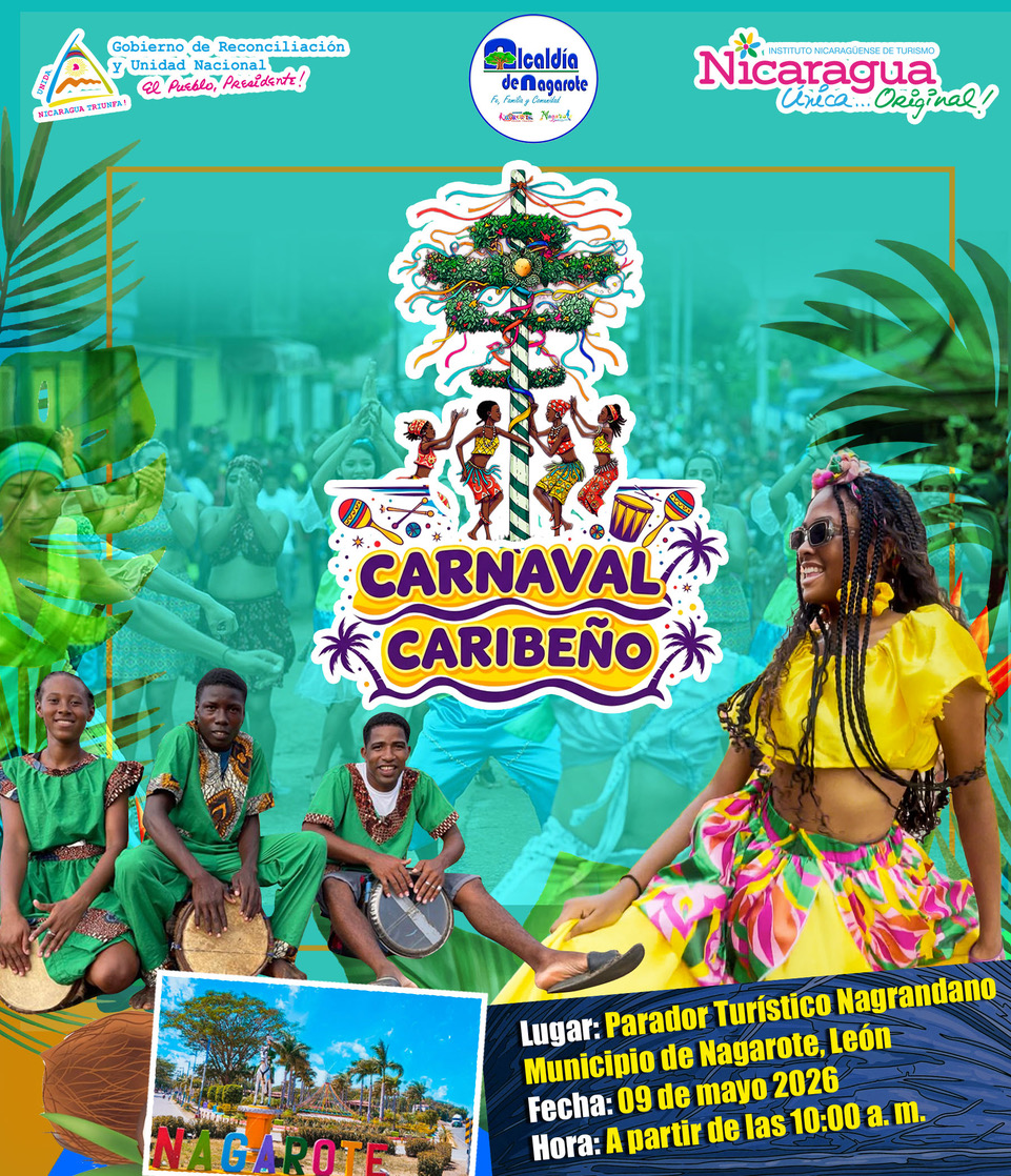 InturNicaragua's tweet photo. La cultura y el ritmo del Caribe nicaragüense llegará a Nagarote, León en el Carnaval Caribeño 🌴🎊

¡Te esperamos este 9 de mayo! 🤩 https://t.co/o0KrVB1nal