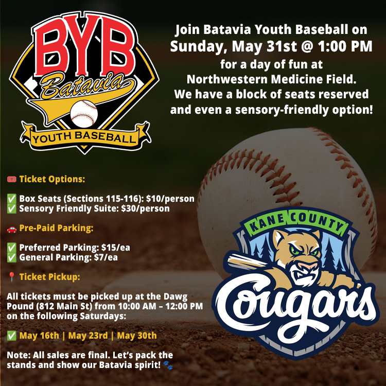 BatYouthBase's tweet photo. ⚾️ BYB is taking over the @KCCougars Stadium! 🏟️

Join us Sunday, May 31st @ 1 PM for a huge day at the ballpark!

🎟️ Box Seats: $10 ✨
 Sensory Friendly Suite: $30 
🚗 Pre-paid Parking available

🔗 Order tickets here: https://t.co/QsxfG0Wcjk

#BYB #BataviaIL #CougarsDay https://t.co/rMRSnMfTsu
