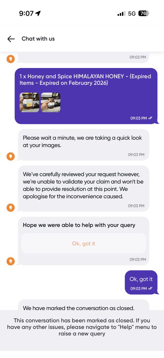 Mihirlpu94's tweet photo. @Swiggy @SwiggyCares for order id #236358510523804 , have revived honey which has expired , tried raising complaint by using your extra ordinary help section but your dumb AI tool is closing it without even validating or analysing the pictures or issues , kindly resolve this https://t.co/fDgBf93z0G