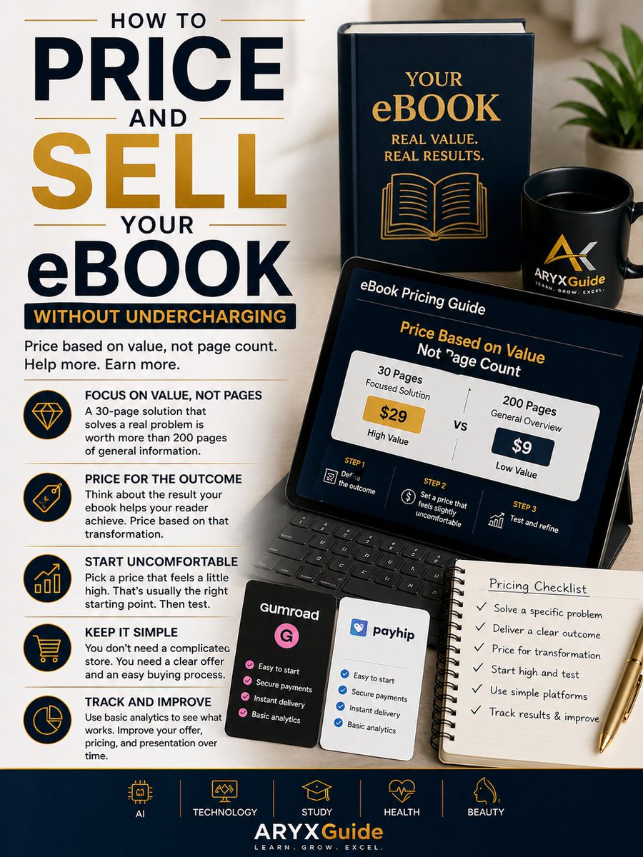 Aryx_K6's tweet image. A 30-page eBook that solves one specific problem is worth more than a 200-page overview of the same topic. Most bloggers underprice because they price by length. Price by the value of the problem you are solving.
aryxguide.site/use-ai-to-plan…
#digitalproducts #blogging #passiveincome