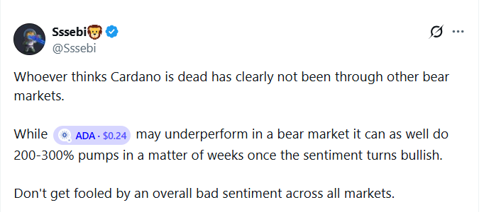 thecryptobasic's tweet image. #Cardano SPO Sssebi Says $ADA Can Rally 300% Within Weeks.

A Cardano stake pool operator believes ADA still has the potential to rally by up to 300% in weeks despite current underperformance.

The SPO argued that ADA’s current weakness reflects broader market conditions rather