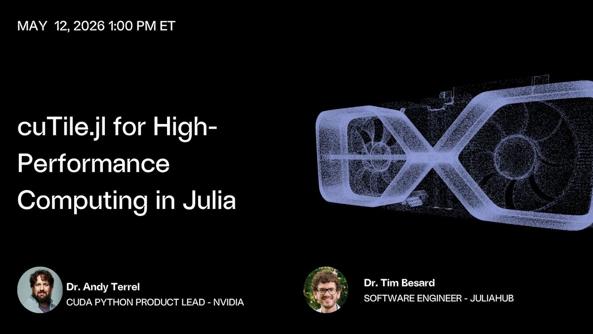 JuliaHub_Inc's tweet image. How do you make high-performance #GPU #programming more accessible in Julia? This #webinar explores cuTile.jl, NVIDIA’s CUDA Tile model in Julia, through real-world examples in linear algebra, AI inference, and HPC—showing how tile-based abstractions can simplify Tensor Core