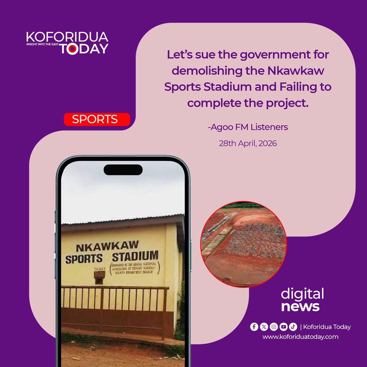 koforidua2day's tweet image. Let’s sue the government for
demolishing the Nkawkaw
Sports Stadium and Failing to
complete the project.

#koforiduatoday #easternregion #newsupdate
